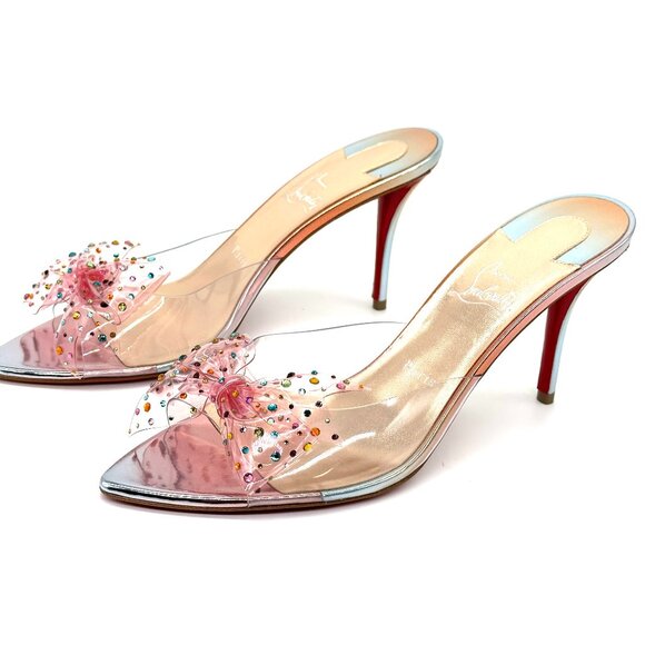 Christian Louboutin AQUA STRASS 80 PVC Crustal Bow Mule Sandals Heels - Picture 13 of 16